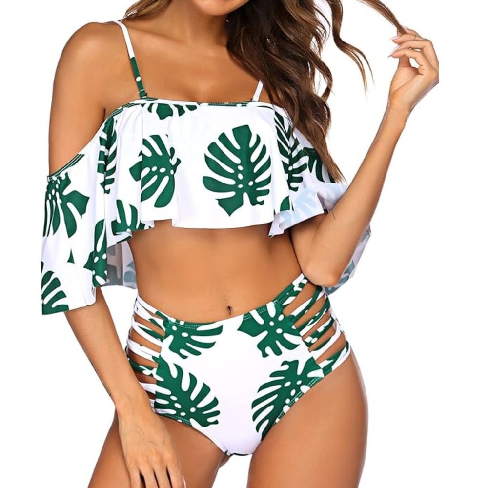 Women High Waisted Swimsuit Two Piece Tummy Control Bikini Off Shoulder